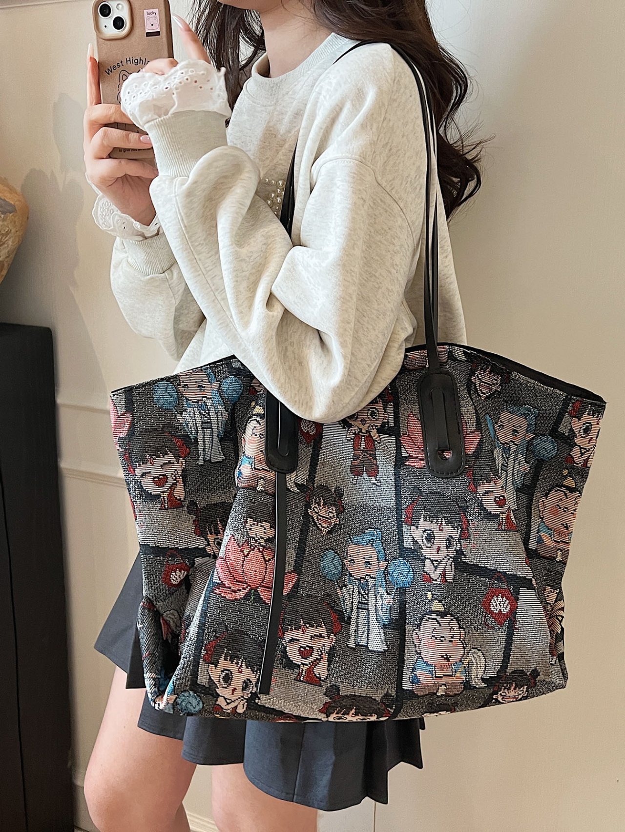 Black Crossbody Shoulder Bag with Cartoon Print