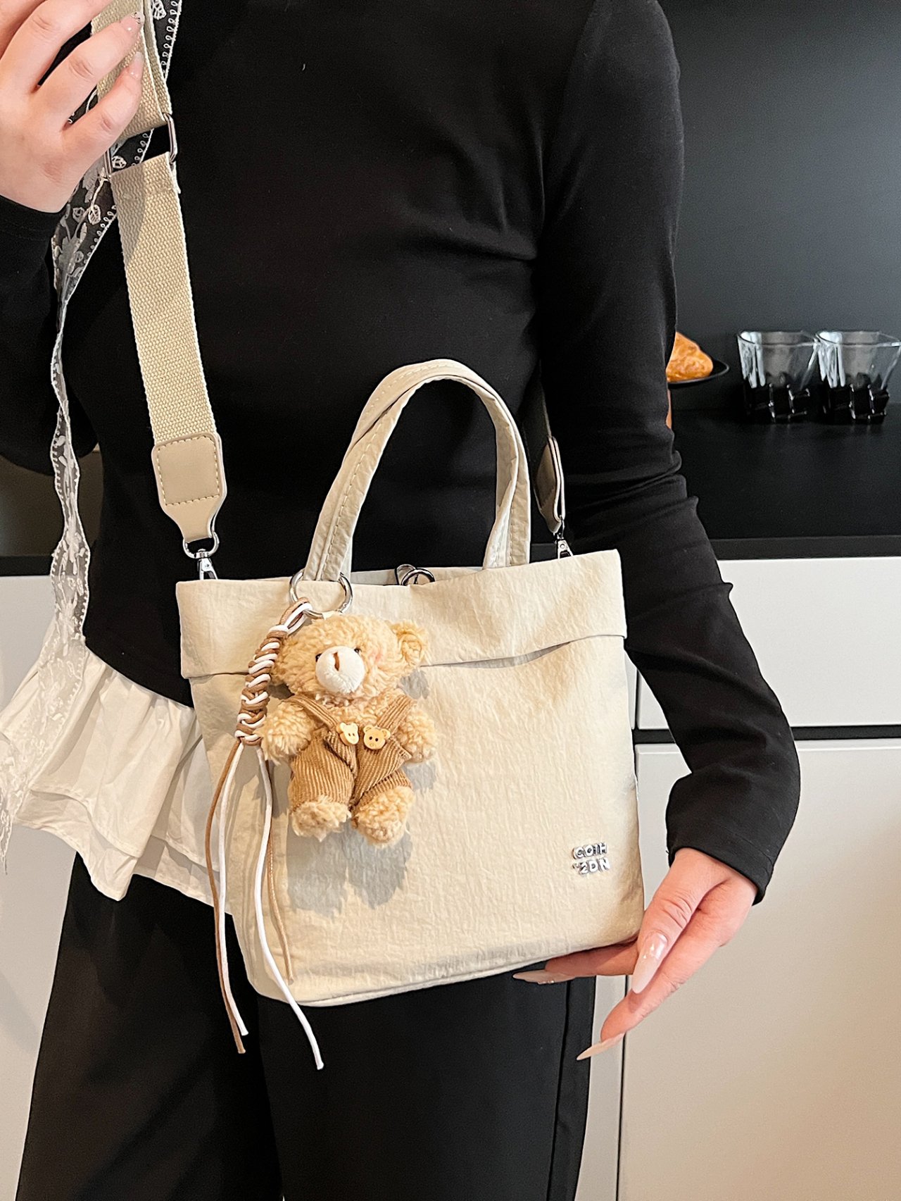 White Solid Crossbody Bag with Charm