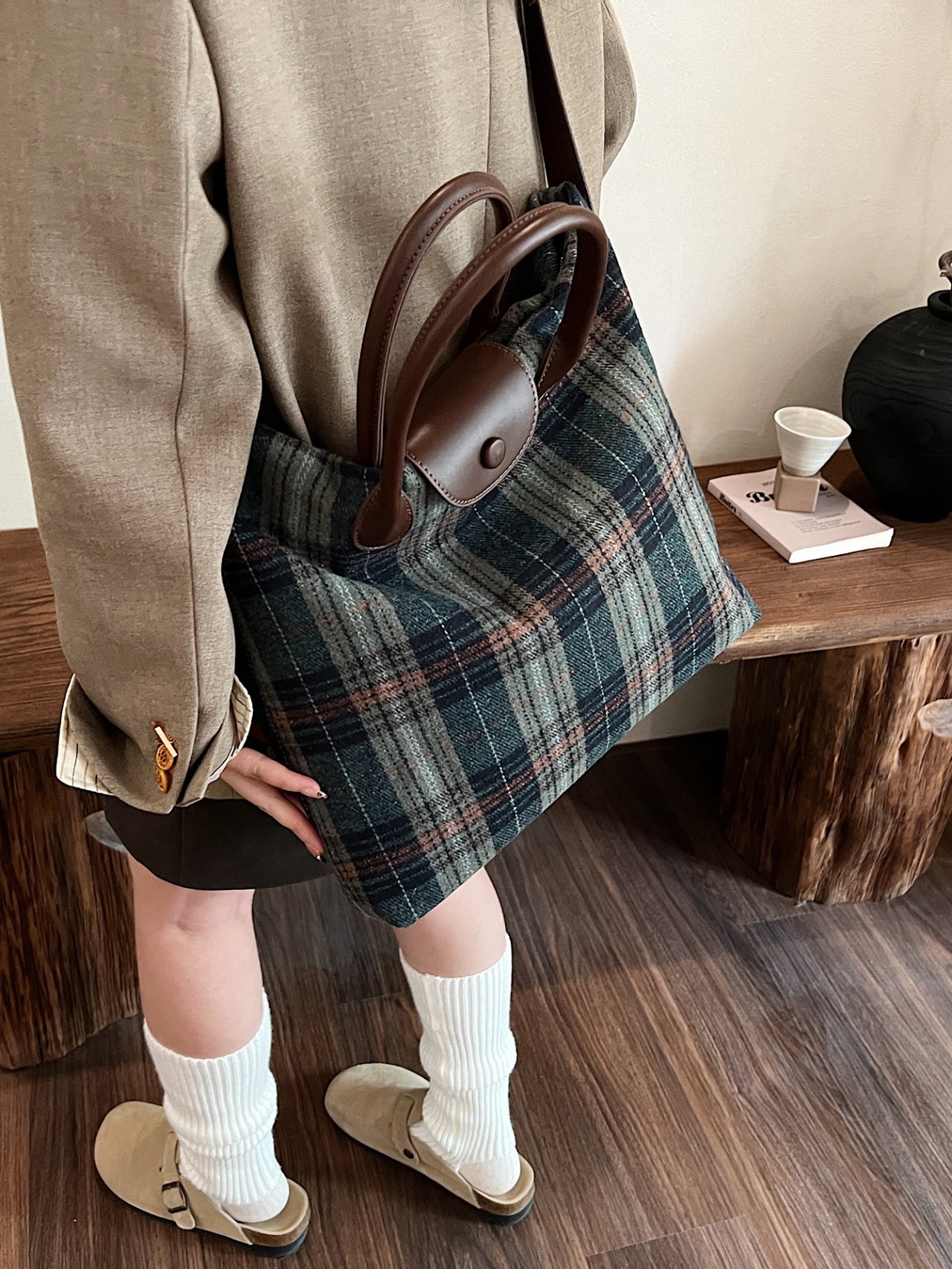 Emerald Plaid Crossbody Tote Bag