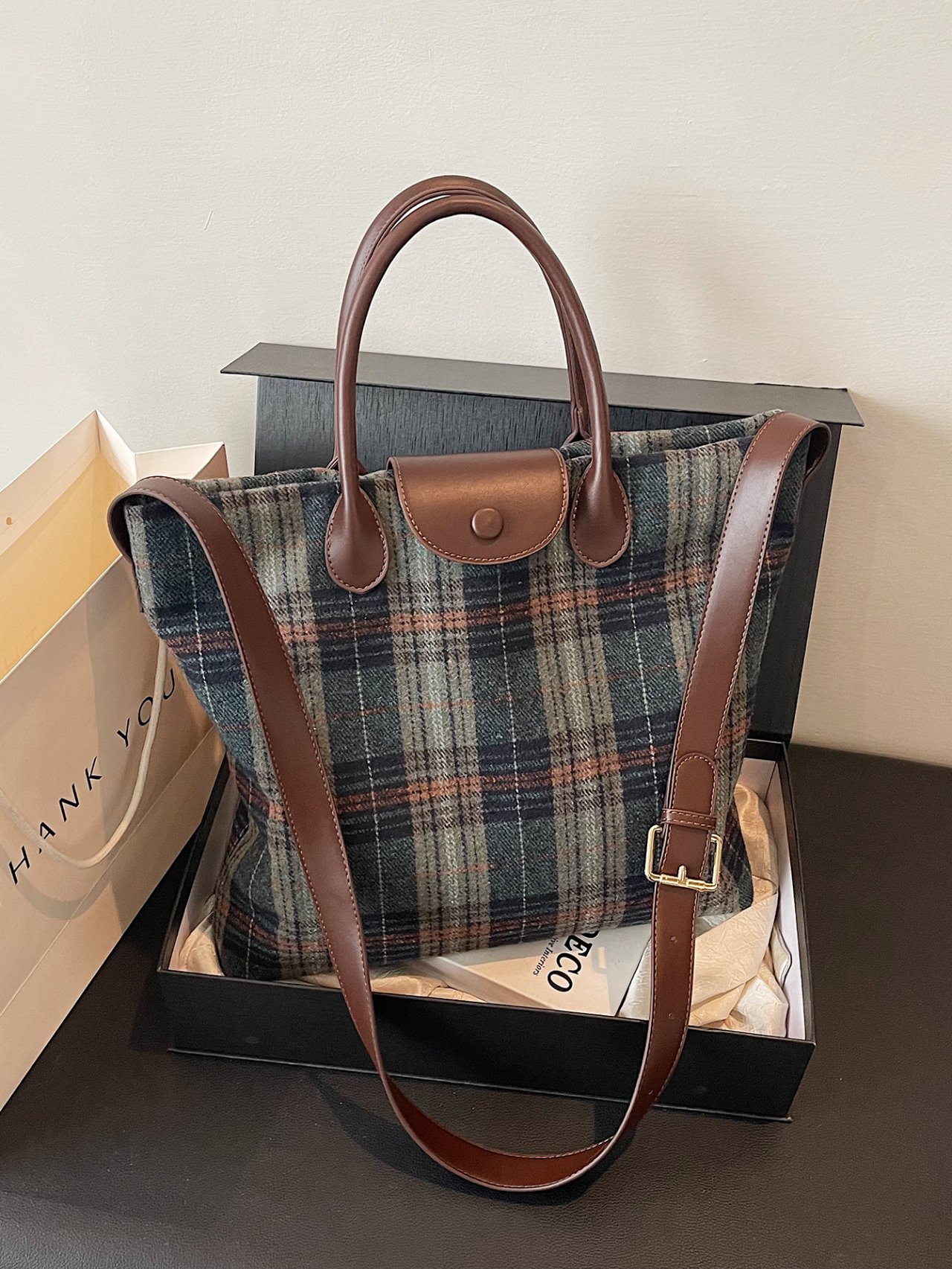 Emerald Plaid Crossbody Tote Bag