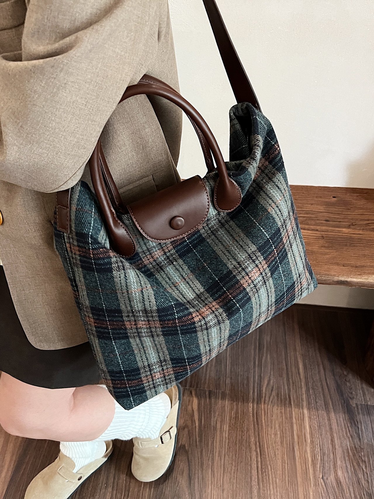 Emerald Plaid Crossbody Tote Bag