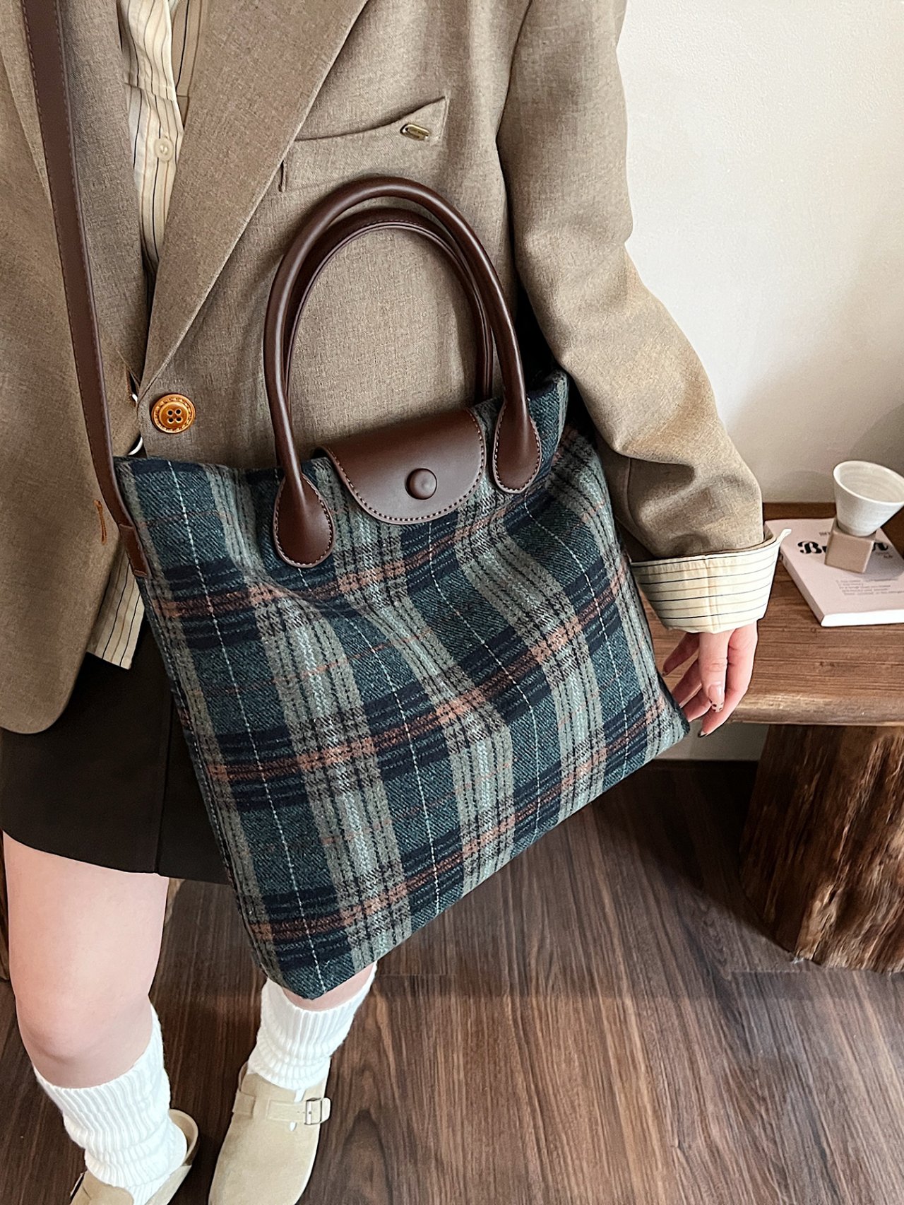 Emerald Plaid Crossbody Tote Bag