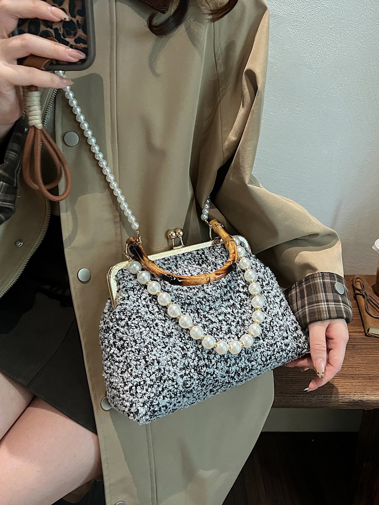 Black Tweed Crossbody Bag with Pearl Chain