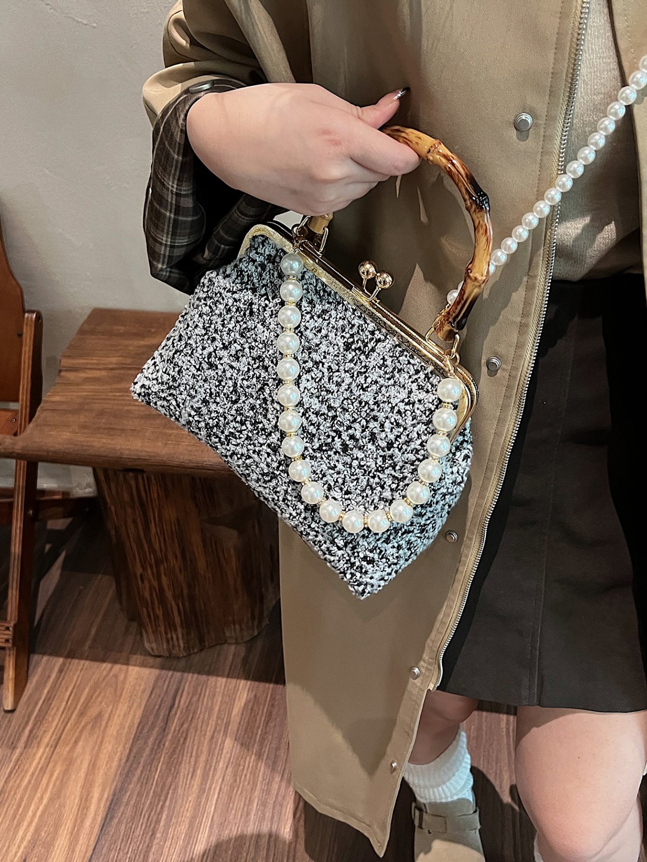 Black Tweed Crossbody Bag with Pearl Chain