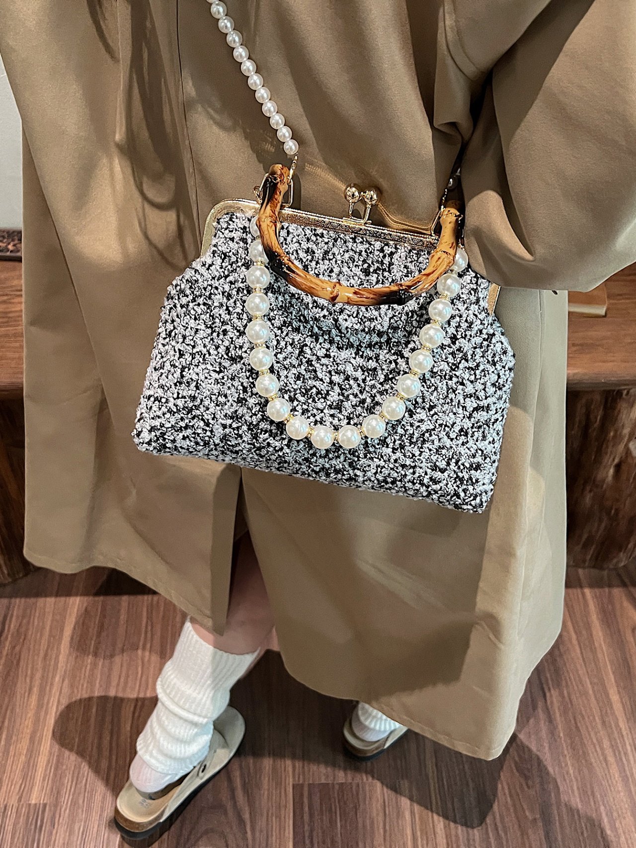 Black Tweed Crossbody Bag with Pearl Chain