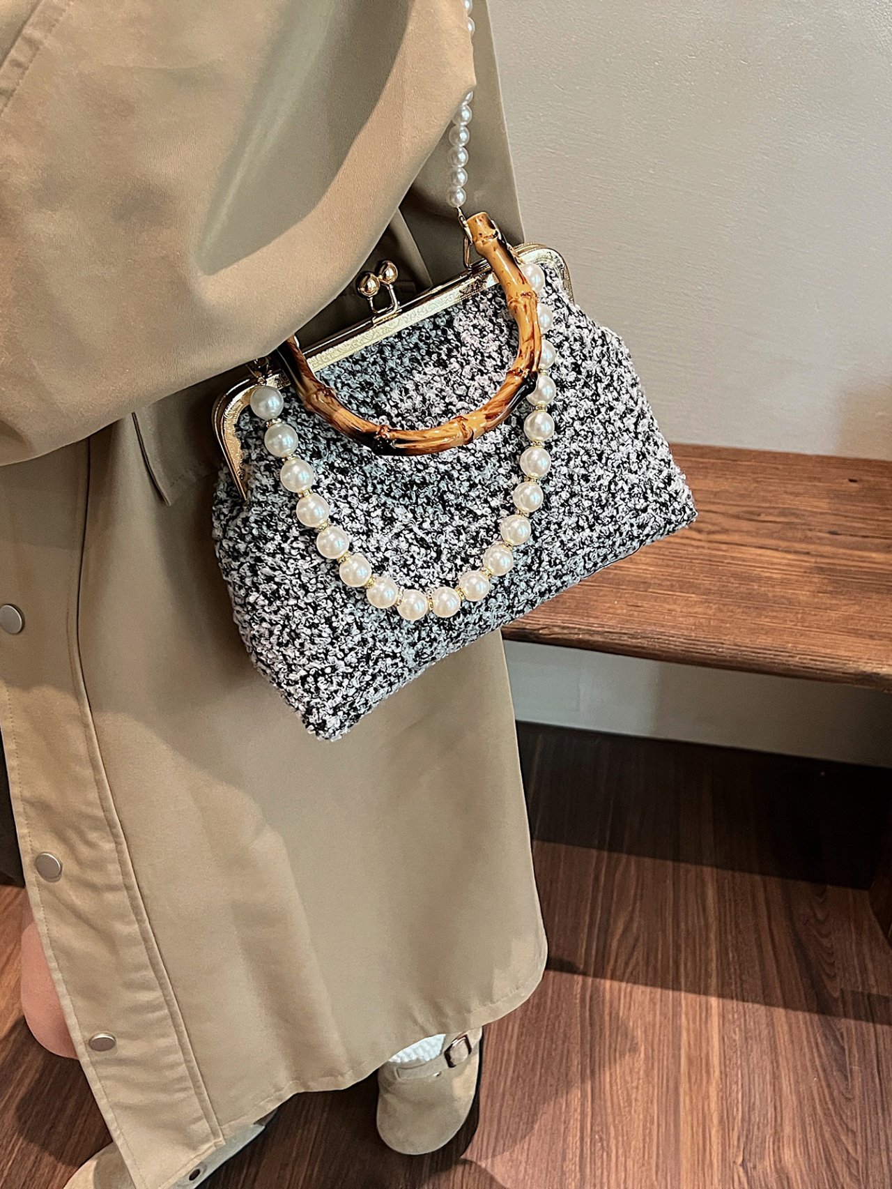 Black Tweed Crossbody Bag with Pearl Chain