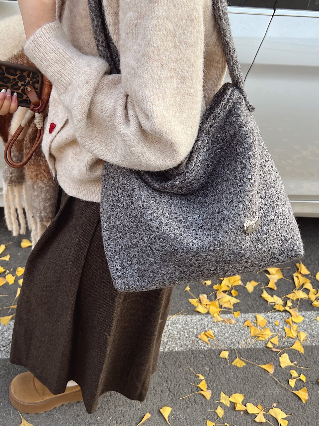 Grey Knit Shoulder Bag