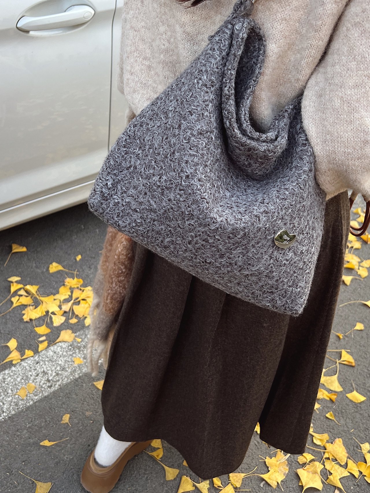 Grey Knit Shoulder Bag