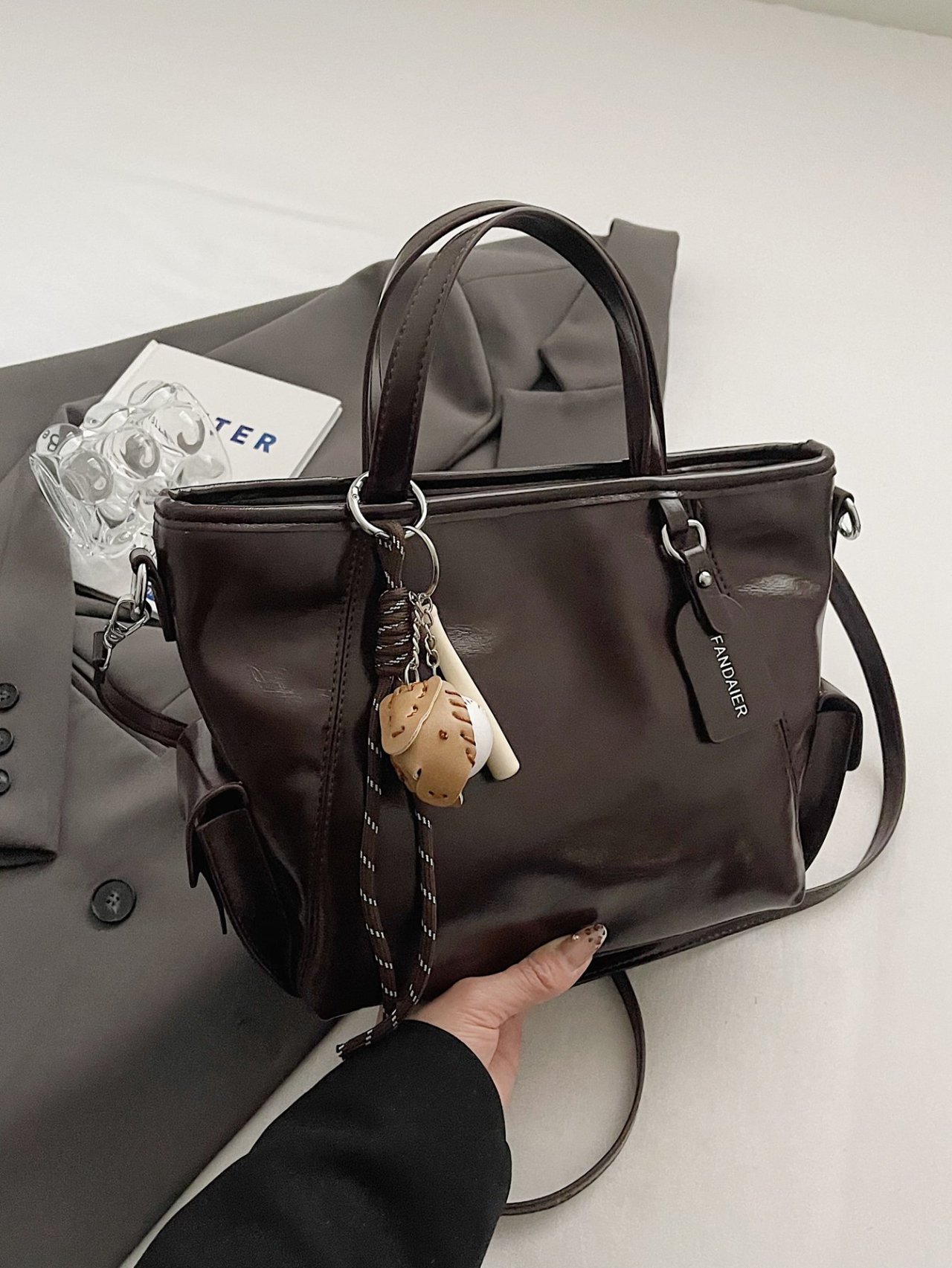 Coffee Brown Crossbody Tote Bag with Charm