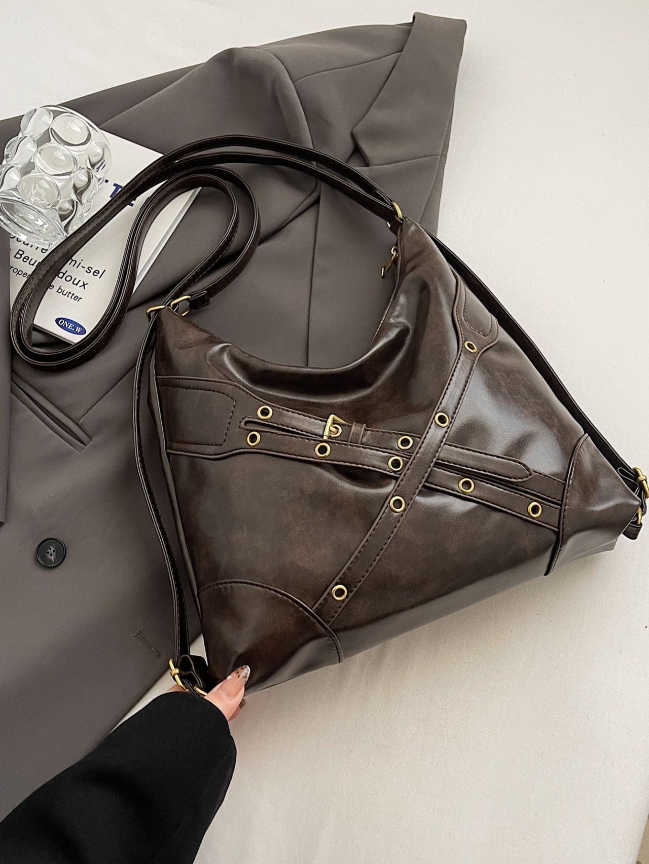 Coffee Brown Studded Crossbody Bag