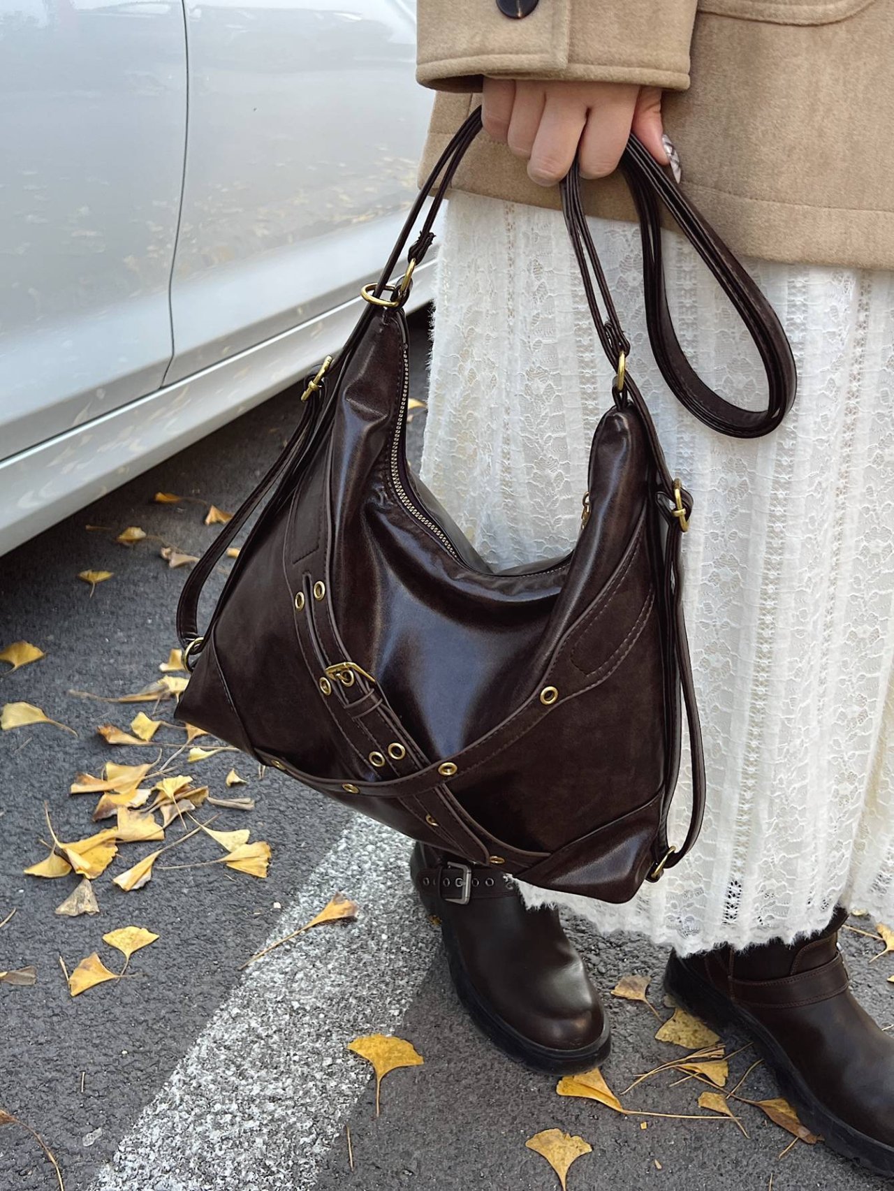 Coffee Brown Studded Crossbody Bag