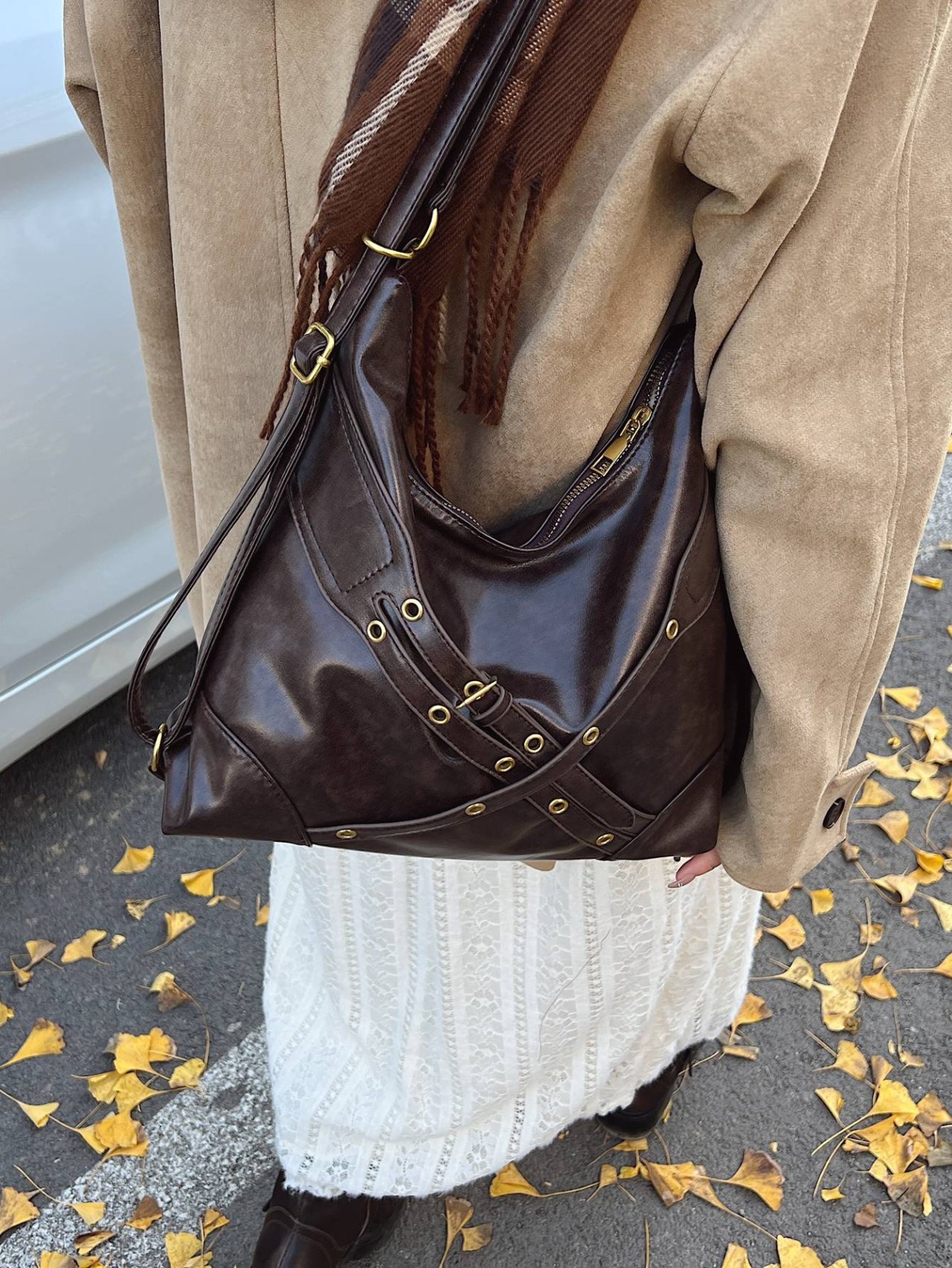 Coffee Brown Studded Crossbody Bag