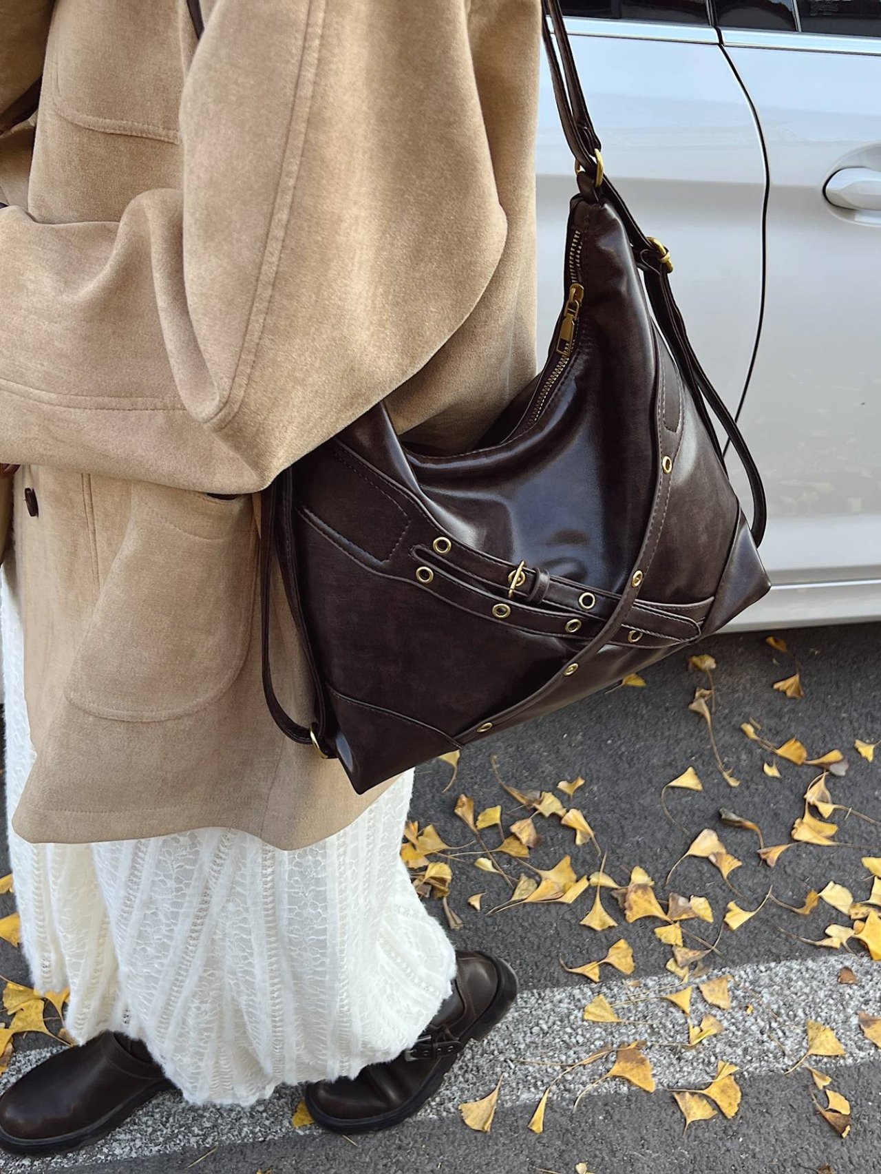 Coffee Brown Studded Crossbody Bag
