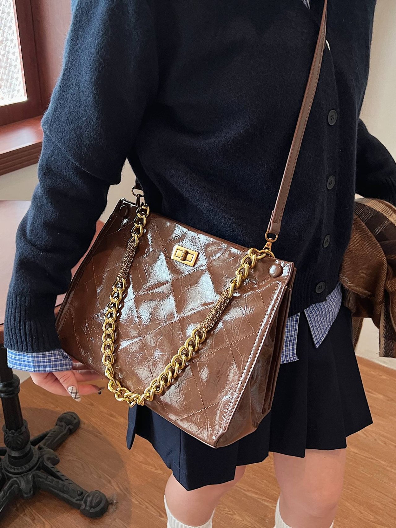 Brown Quilted Crossbody Bag