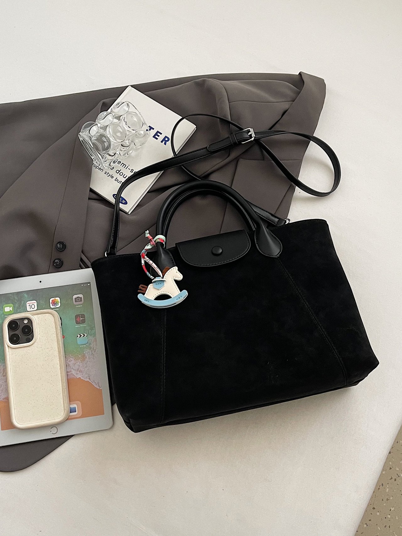 Black Suede Crossbody Bag with Charm