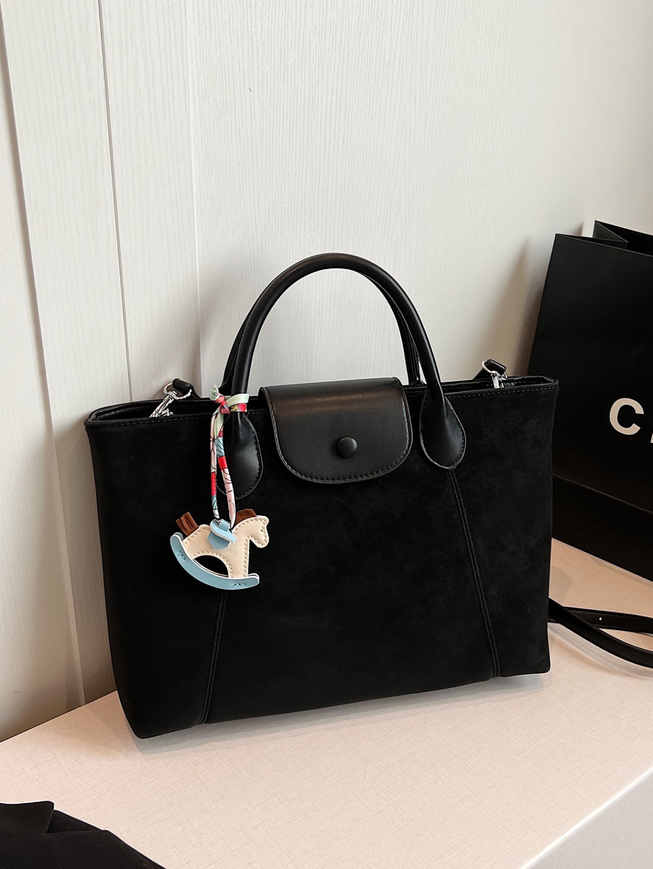 Black Suede Crossbody Bag with Charm
