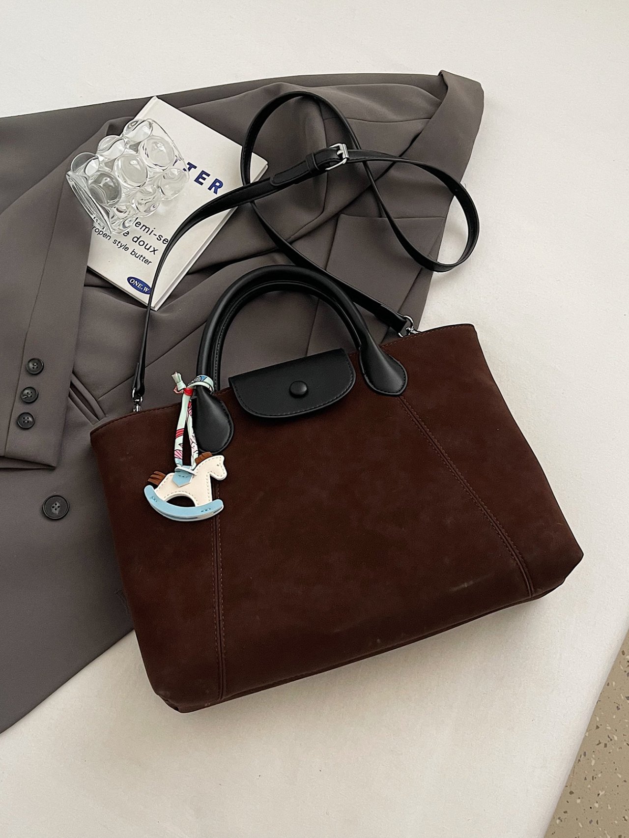 Coffee Brown Suede Look Crossbody Tote Bag with Charm