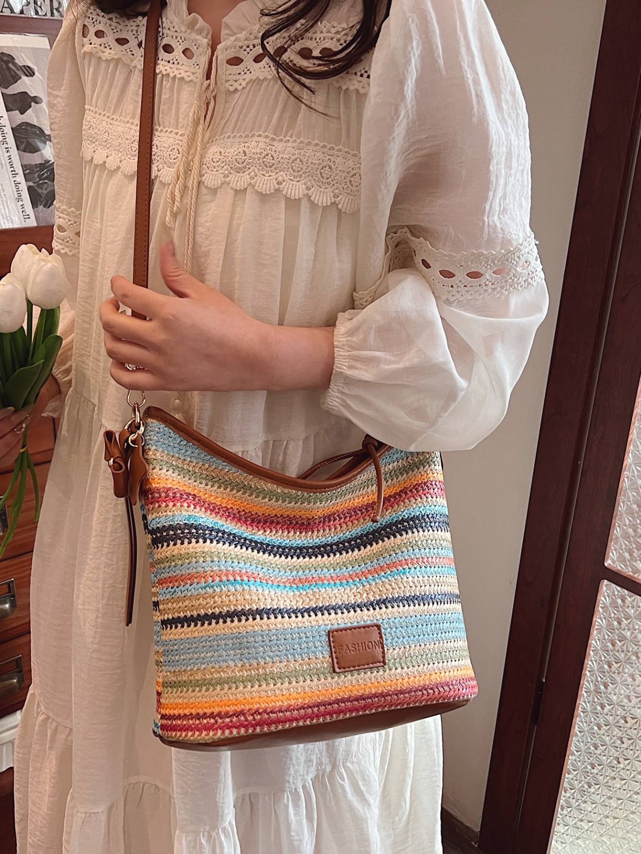 Brown Woven Striped Crossbody Bag