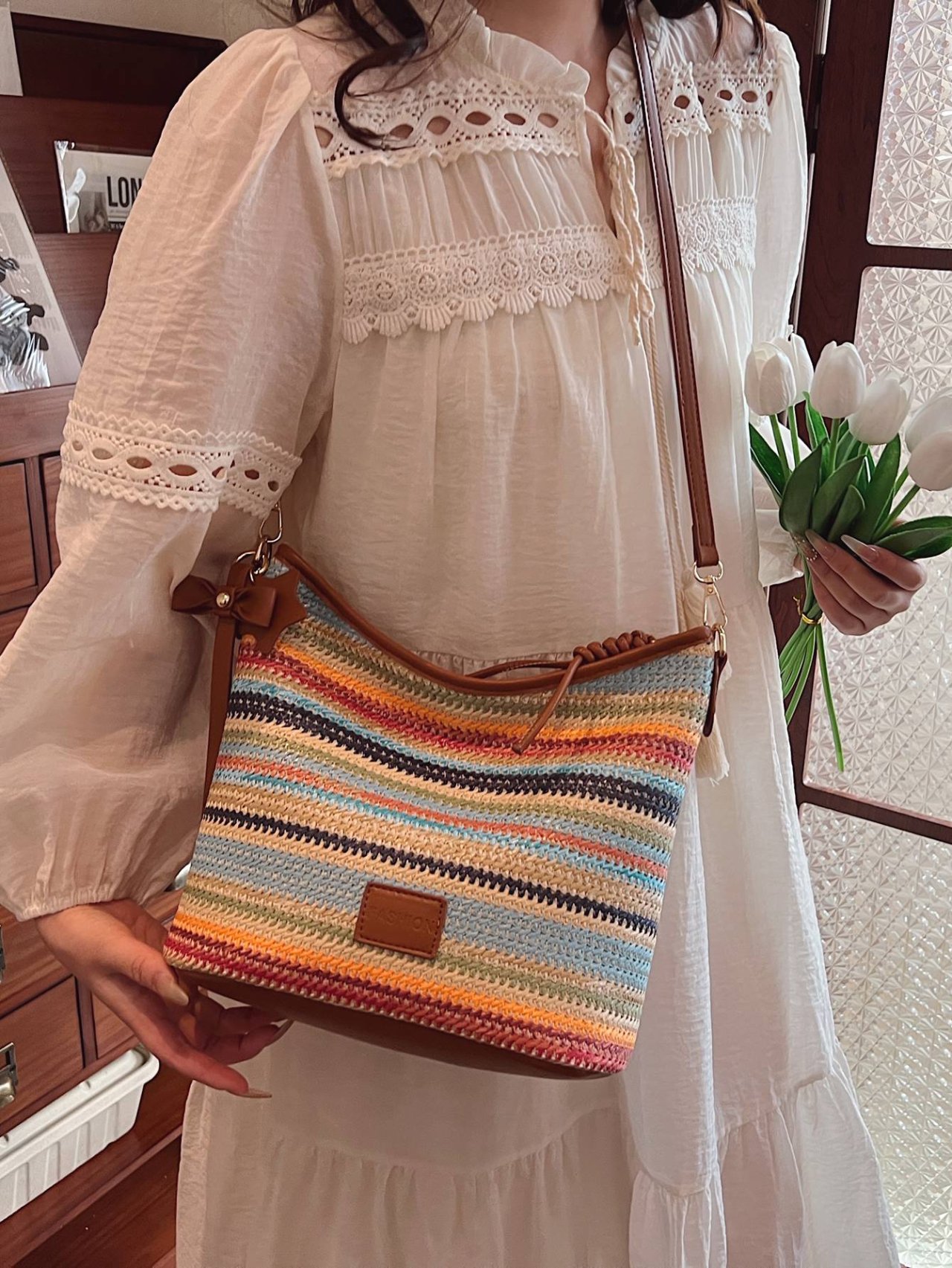 Brown Woven Striped Crossbody Bag