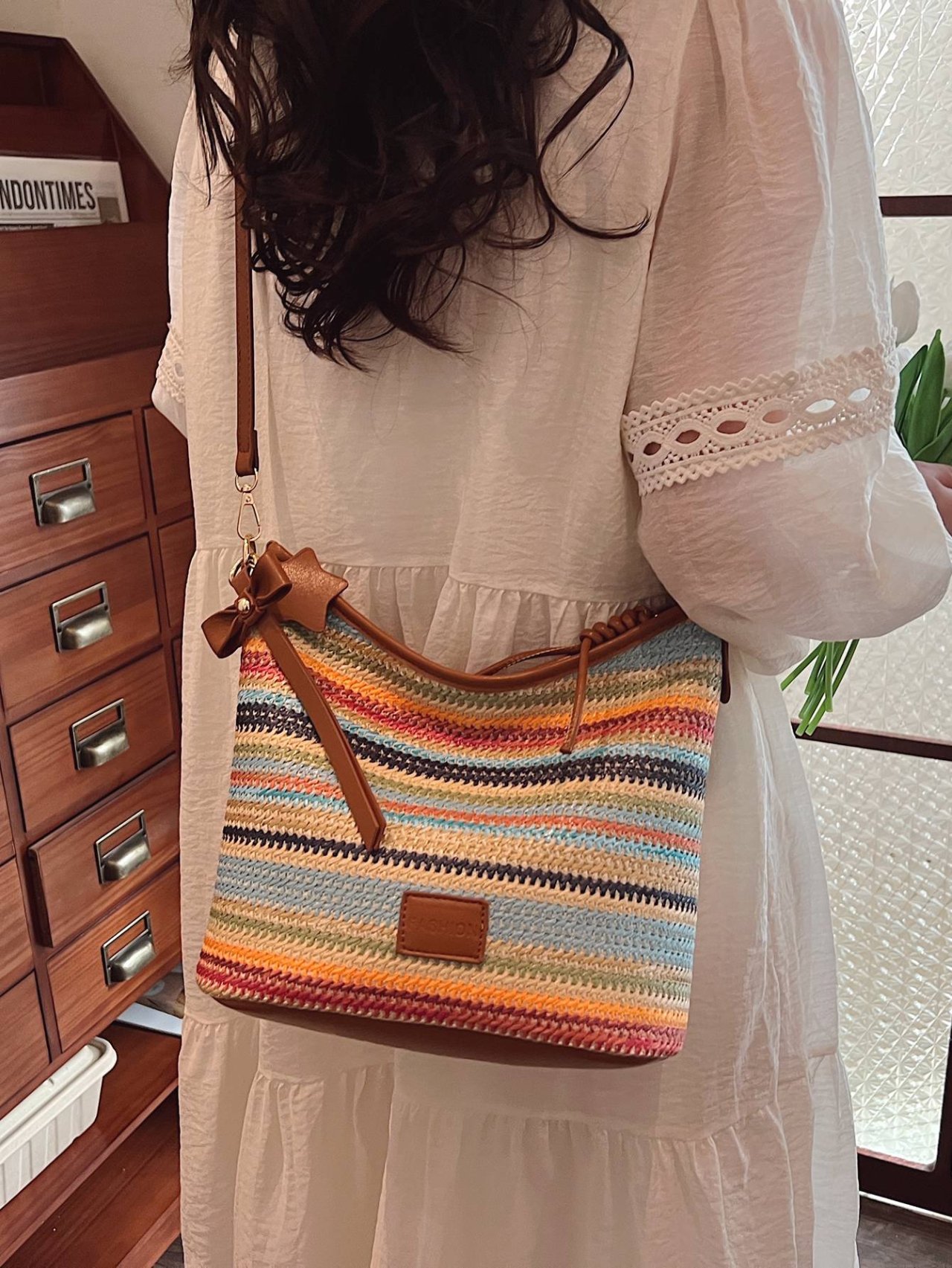 Brown Woven Striped Crossbody Bag