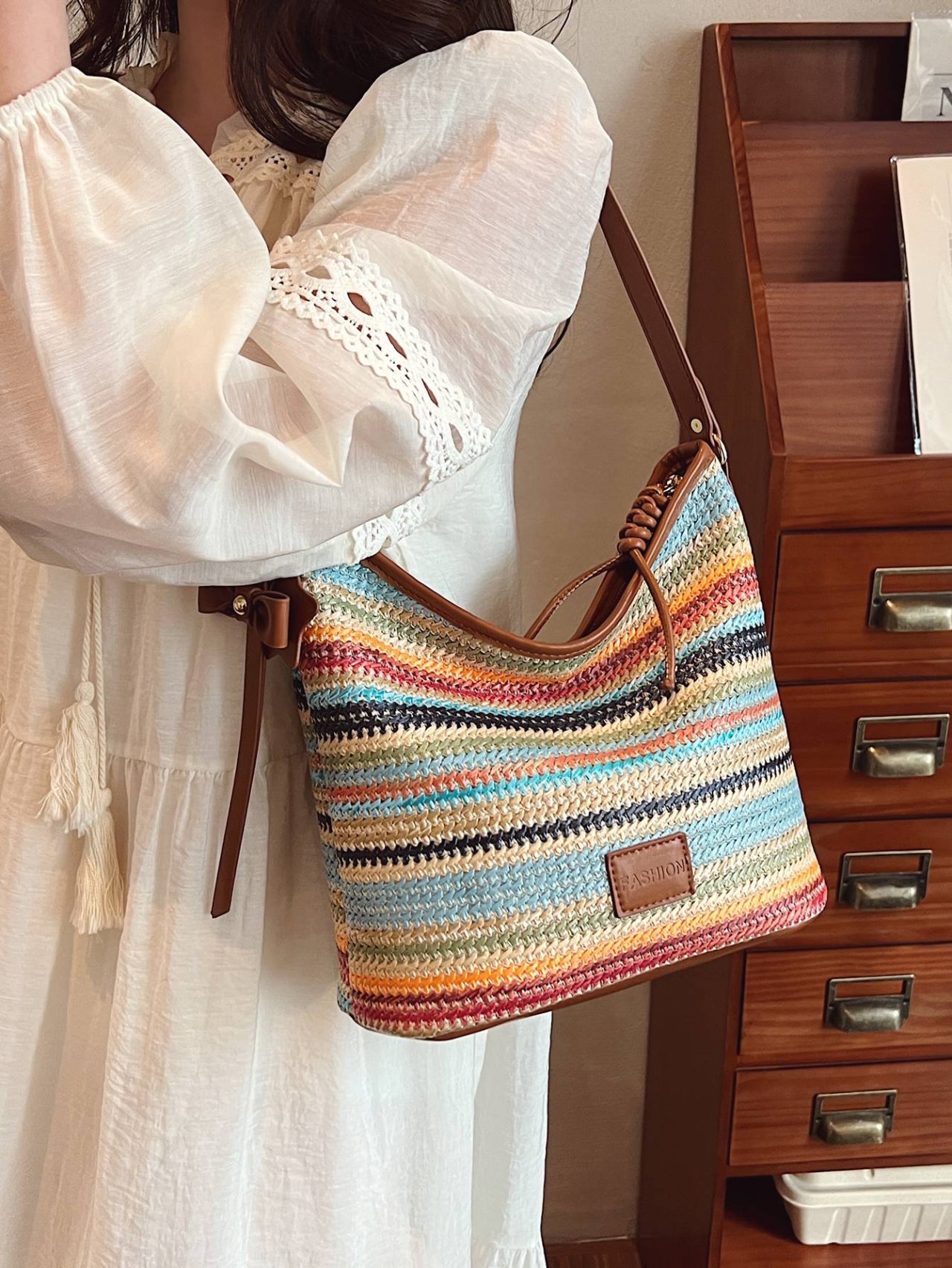Brown Woven Striped Crossbody Bag