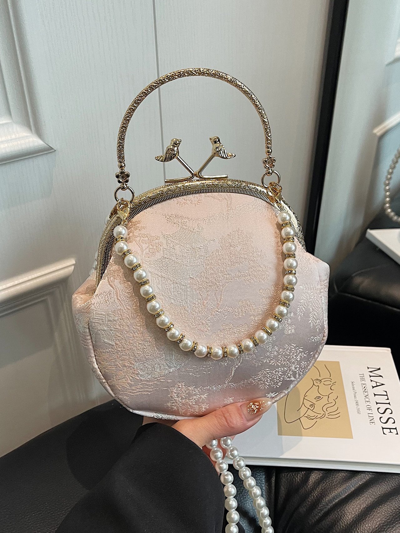 Pink Pearl Embellished Crossbody Bag
