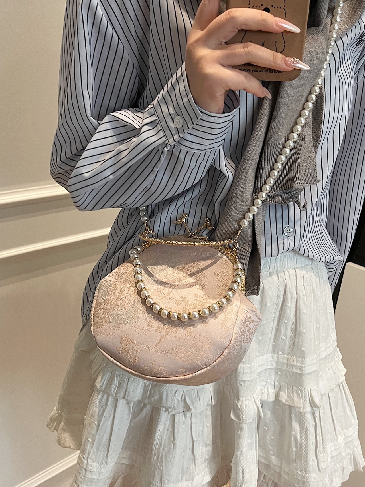 Pink Pearl Embellished Crossbody Bag