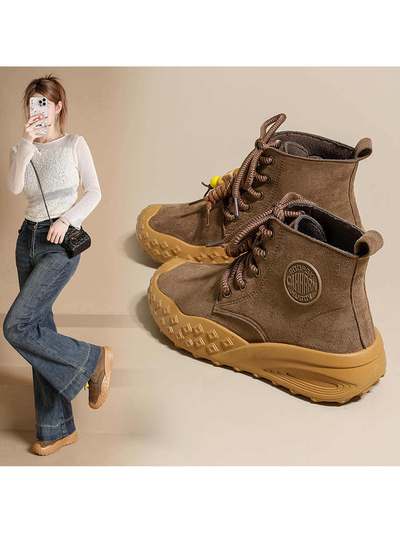 Brown Suede Lace-Up Casual Boots