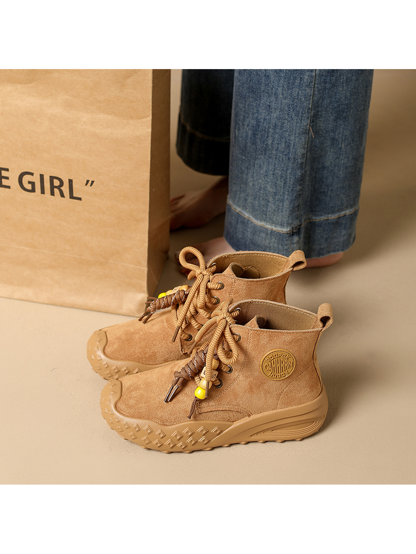 Yellow Suede Lace-Up Ankle Boots