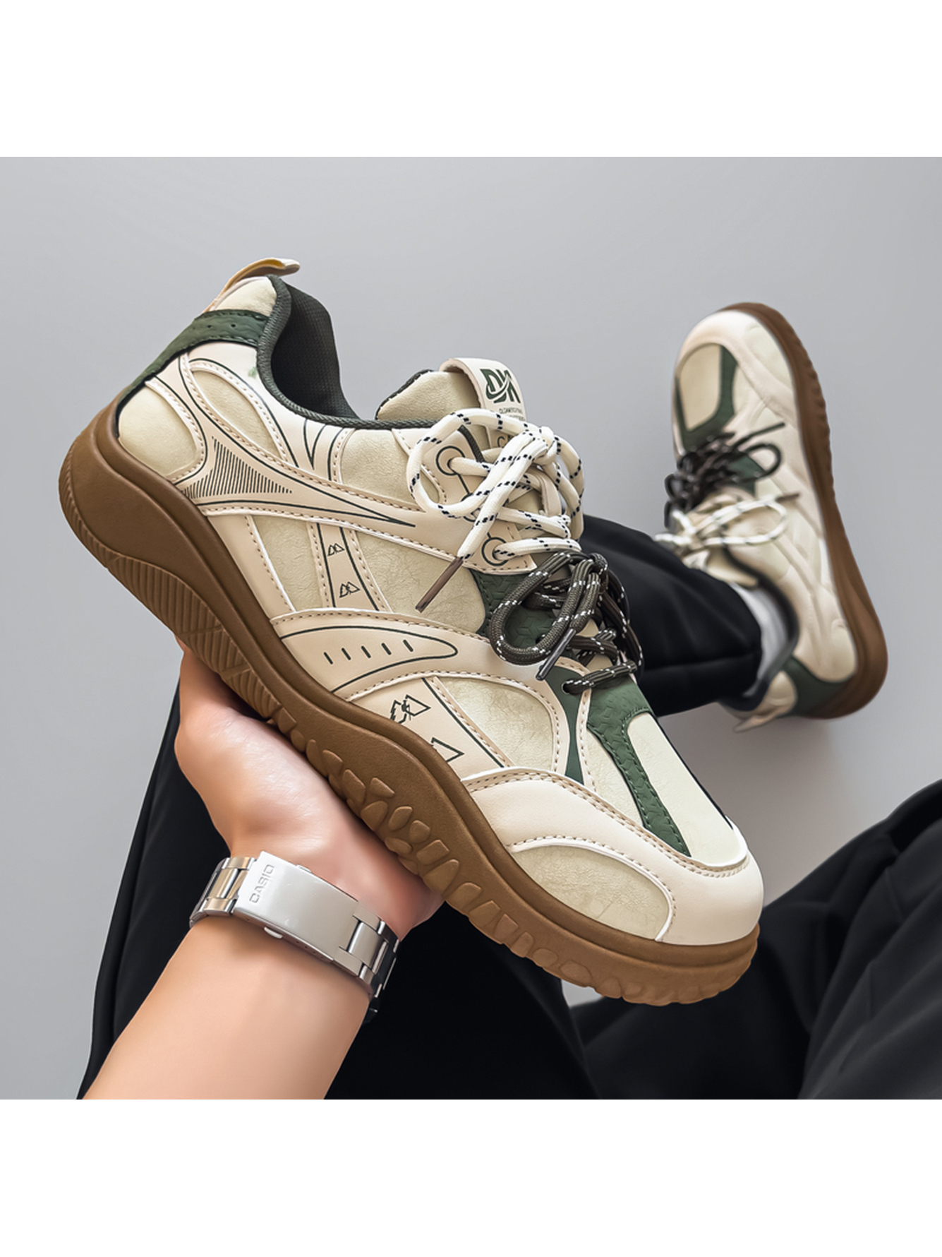 Men Beige and Olive Sports Sneakers