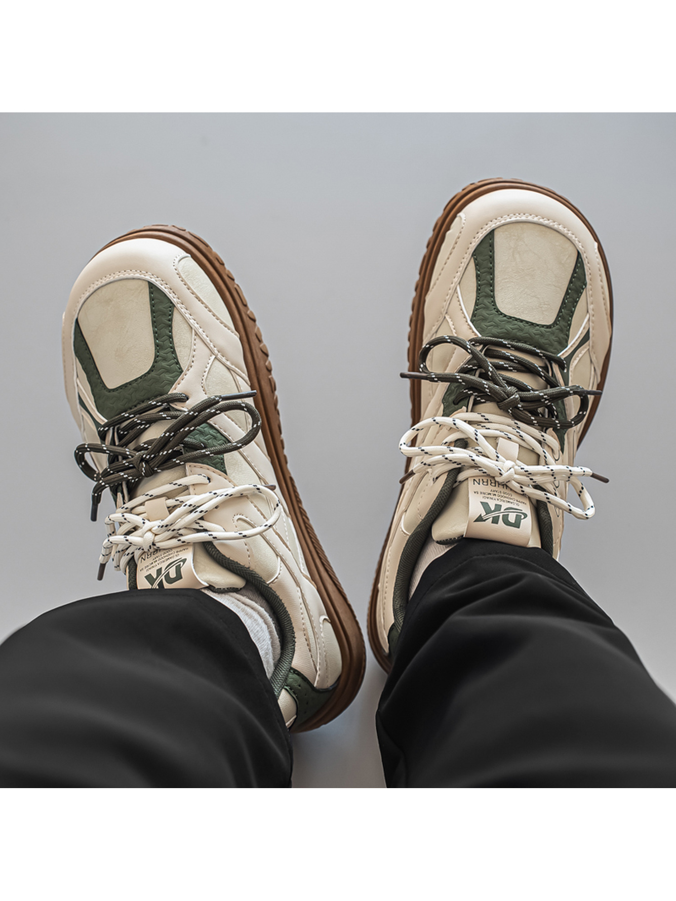 Men Beige and Olive Sports Sneakers