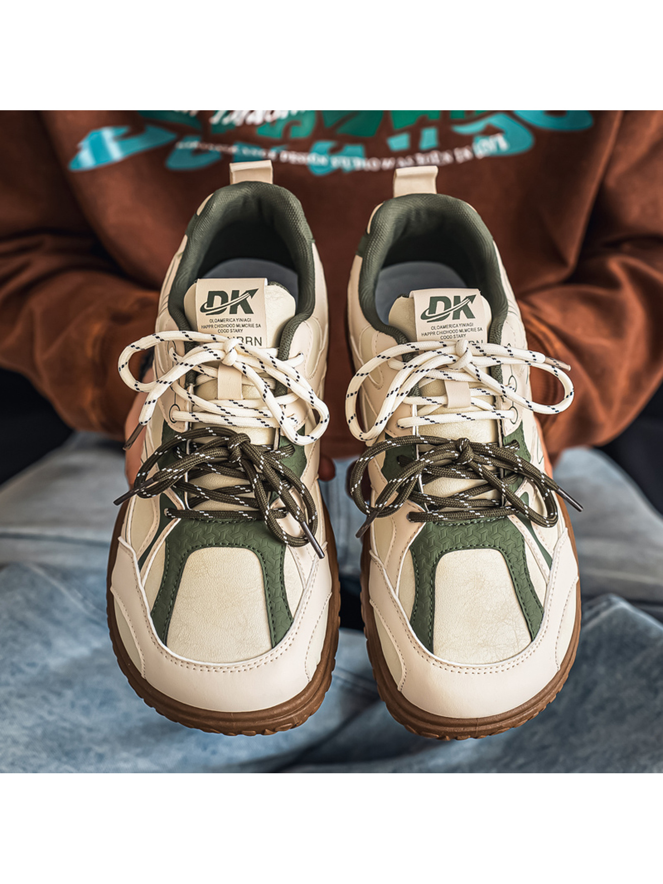 Men Beige and Olive Sports Sneakers