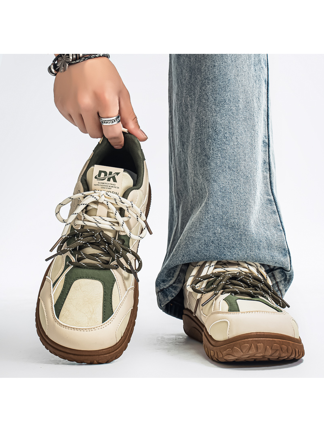 Men Beige and Olive Sports Sneakers