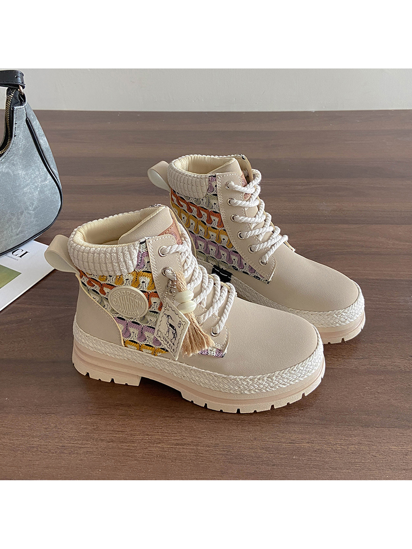 Beige PU Casual Boots with Woven Trim and Colorful Embroidery