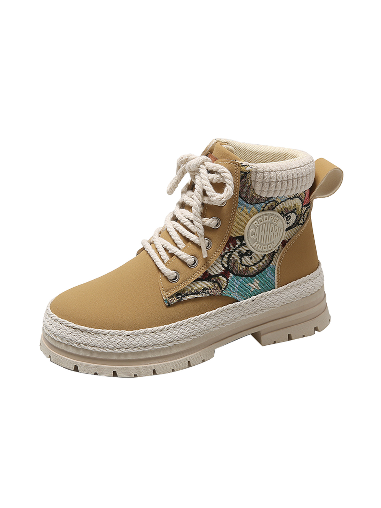 Yellow Hiking Boots with Woven Trim and Patterned Design