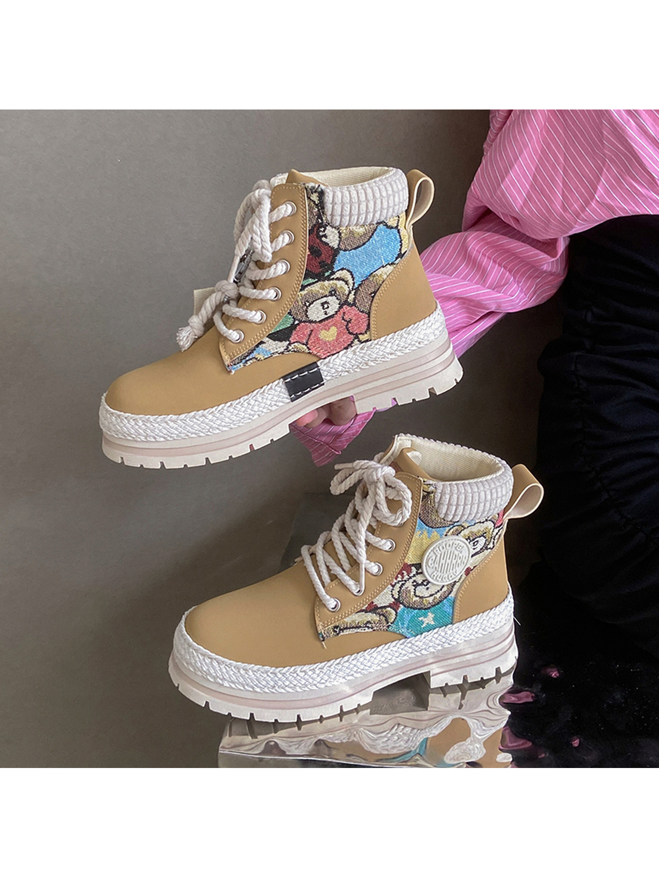 Yellow Hiking Boots with Woven Trim and Patterned Design