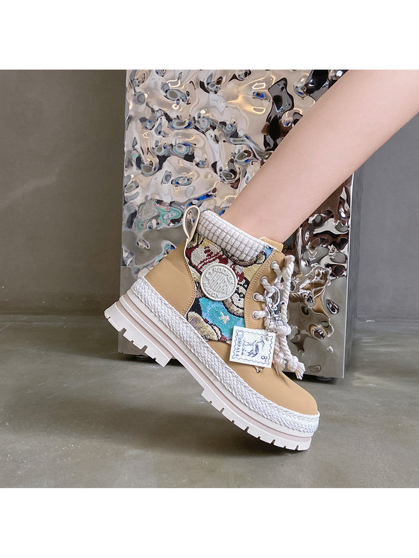 Yellow Hiking Boots with Woven Trim and Patterned Design