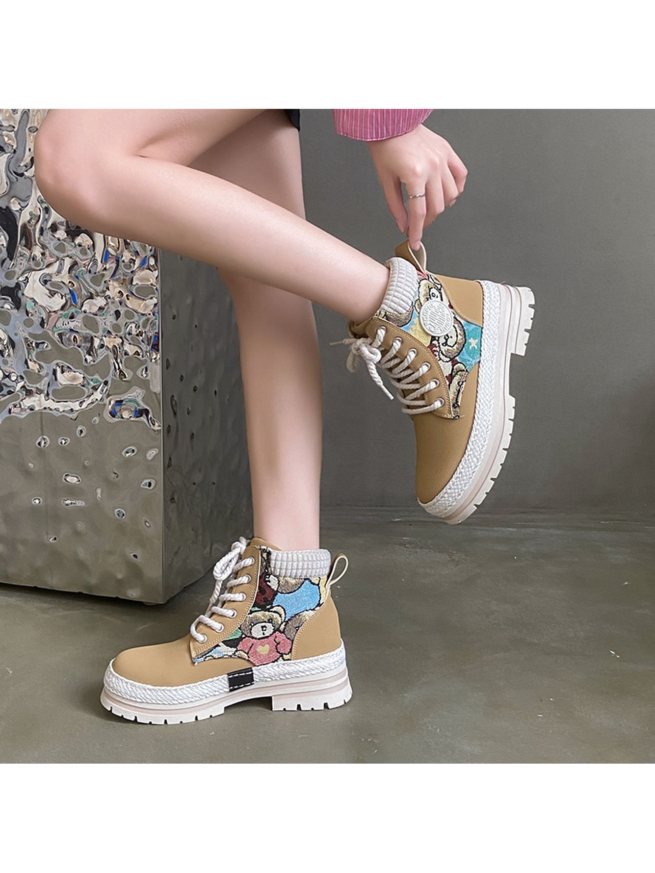 Yellow Hiking Boots with Woven Trim and Patterned Design