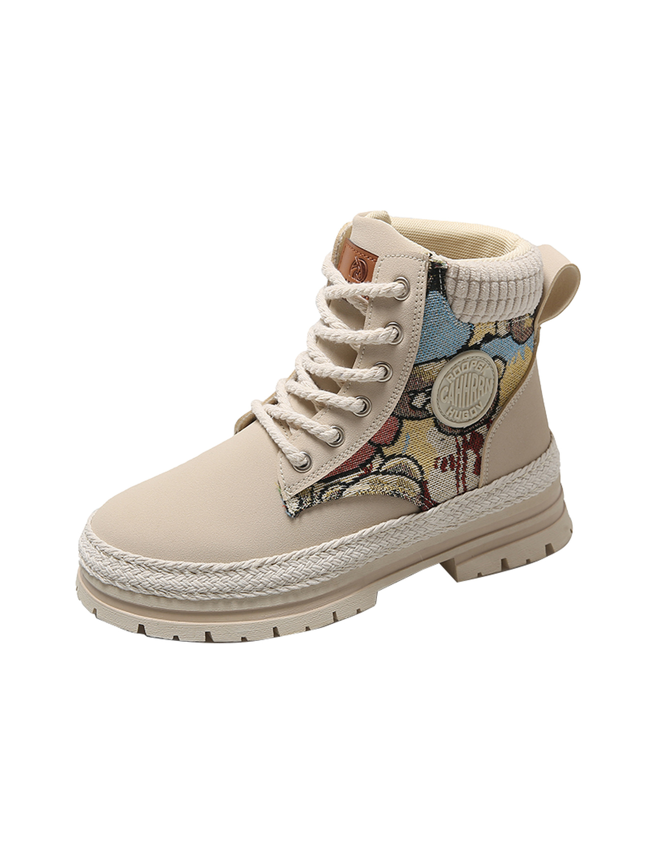 Beige PU Casual Boots with Woven Detail