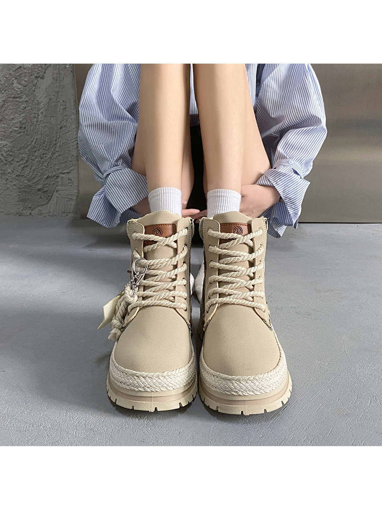 Beige PU Casual Boots with Woven Detail