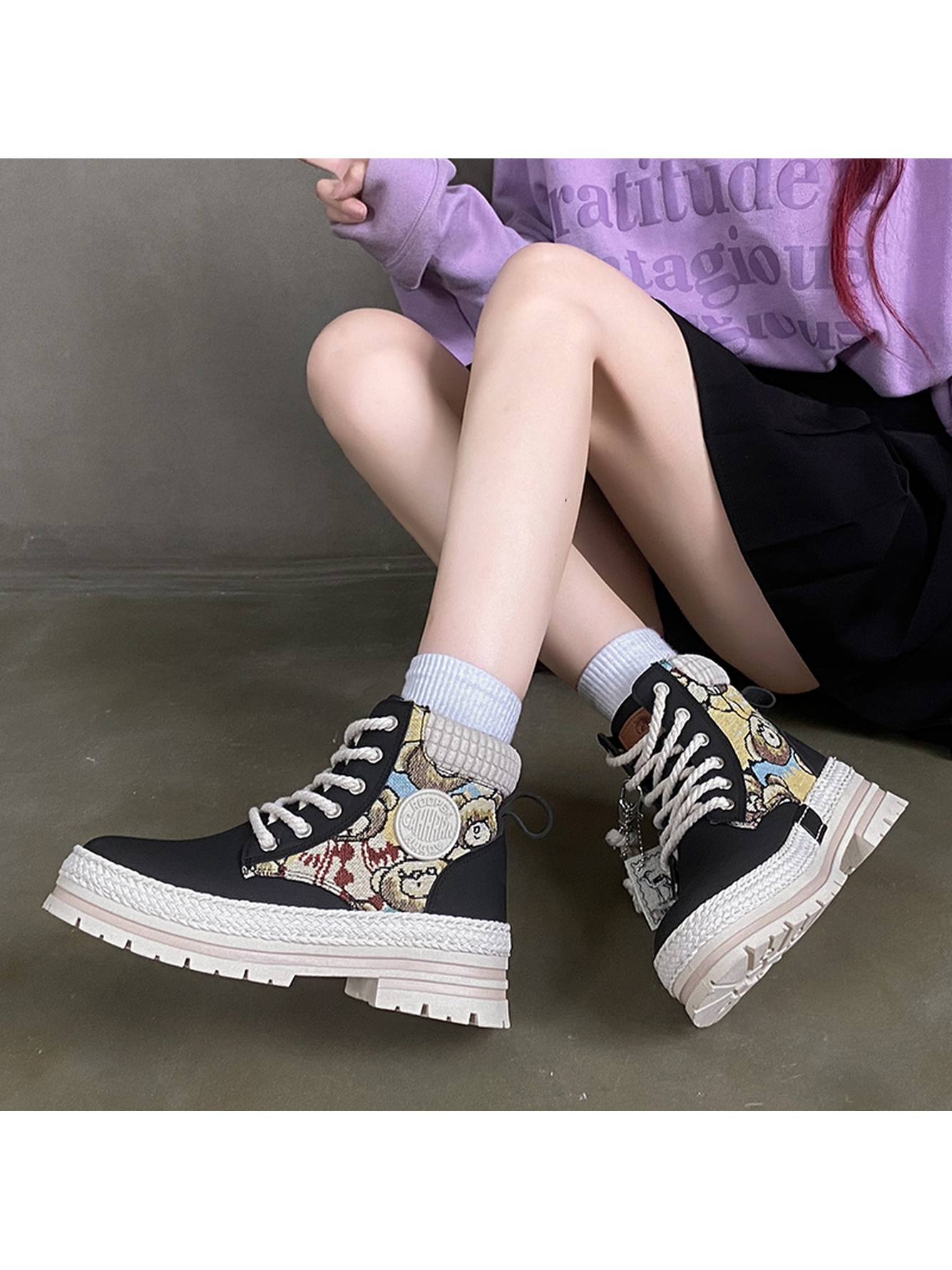Black High-Top Fashion Sneakers with Patterned Detail
