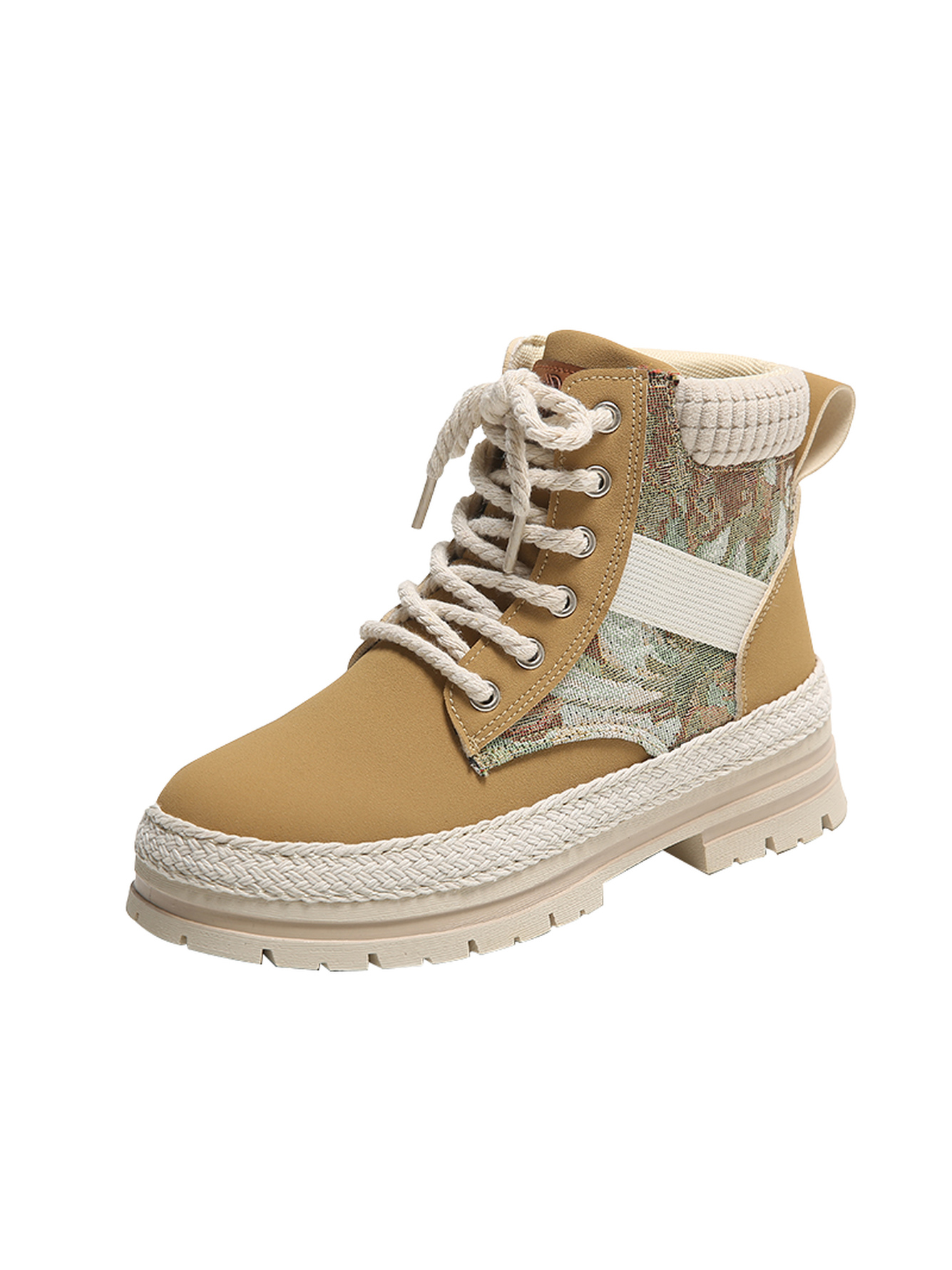 Yellow Hiking Boots with Floral and Braided Detail