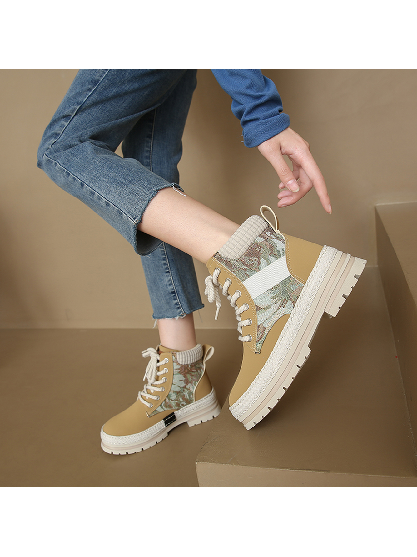 Yellow Hiking Boots with Floral and Braided Detail