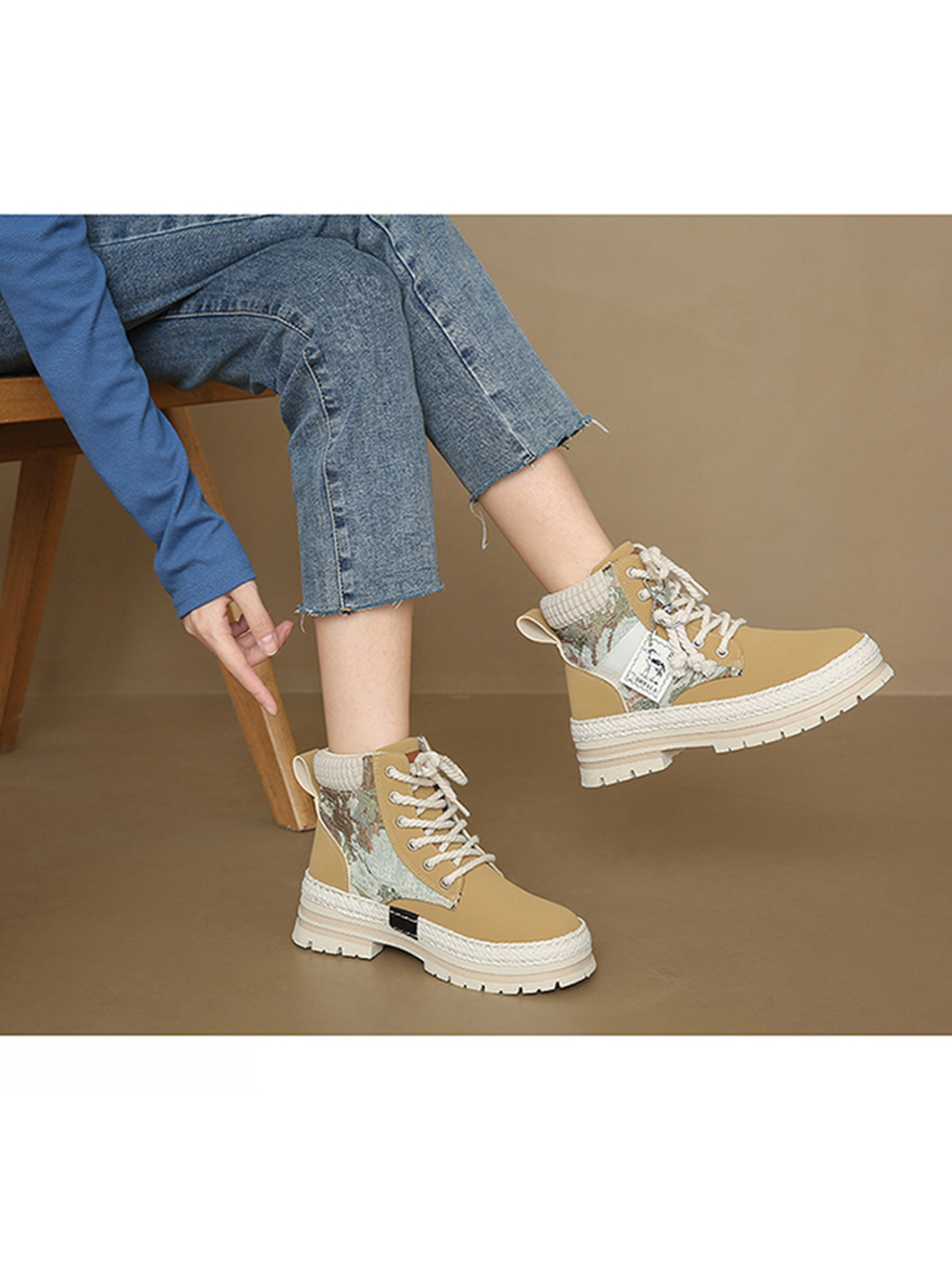 Yellow Hiking Boots with Floral and Braided Detail