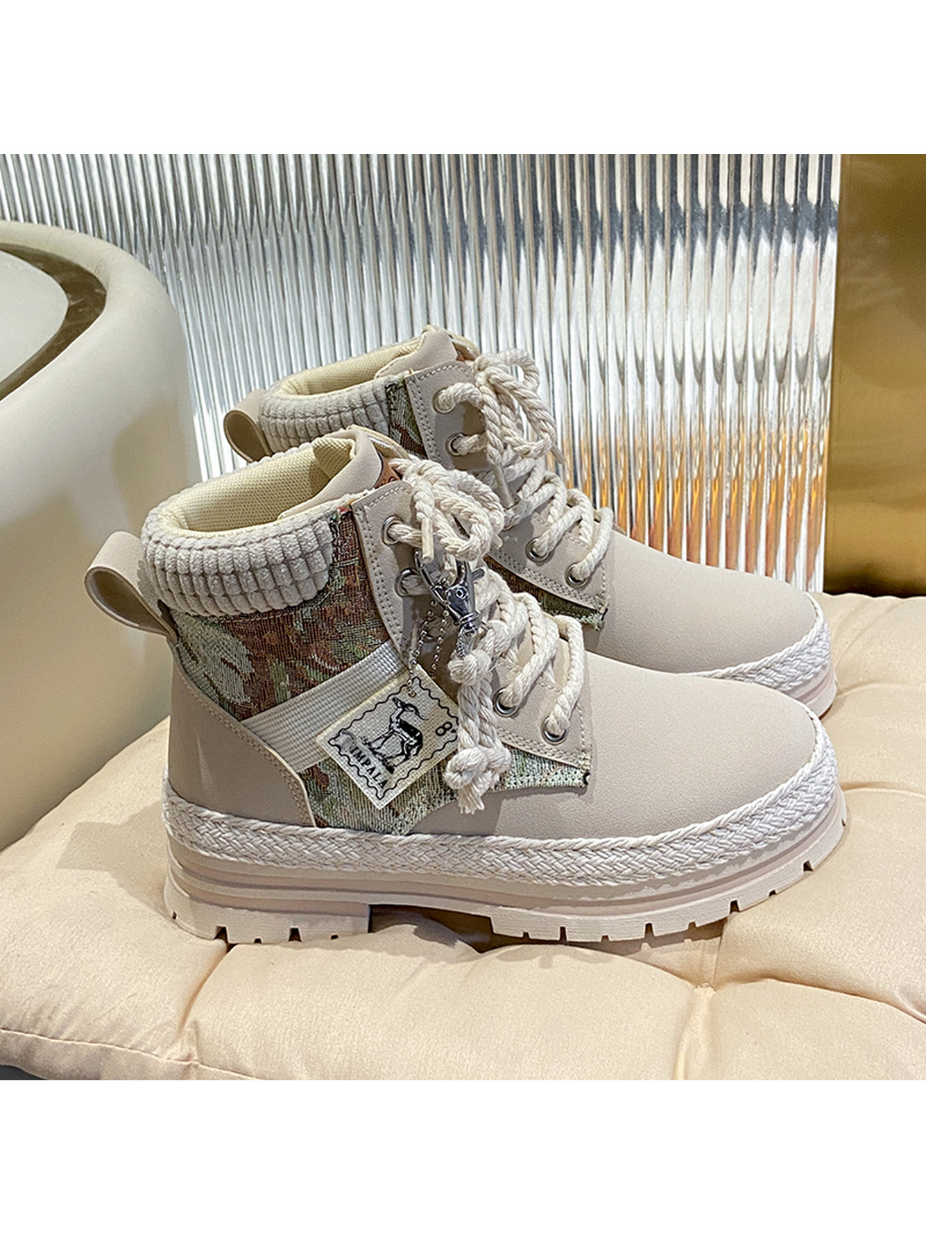 Beige PU Casual Lace-Up Ankle Boots