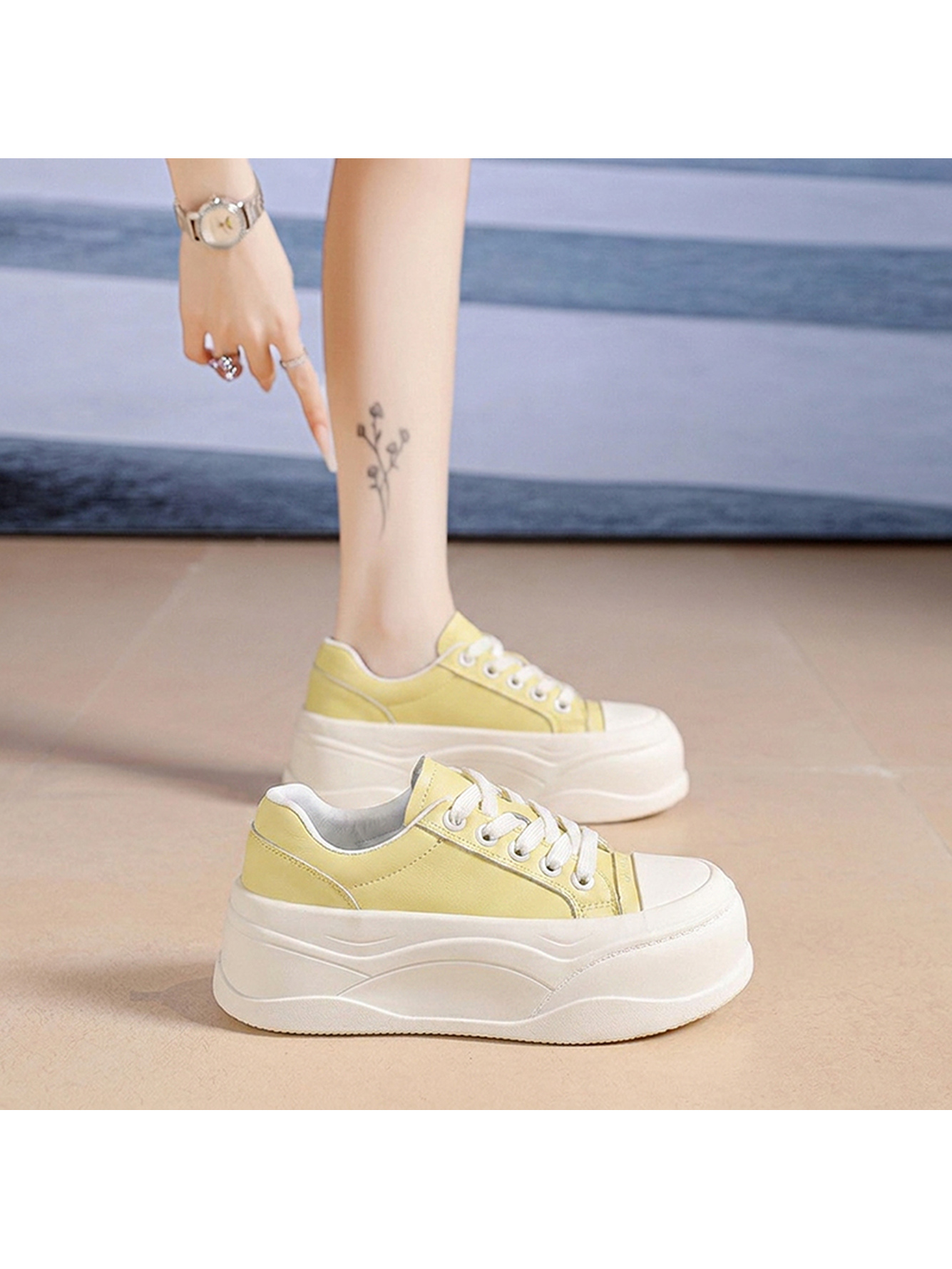 Yellow Lace-Up Platform Sneakers