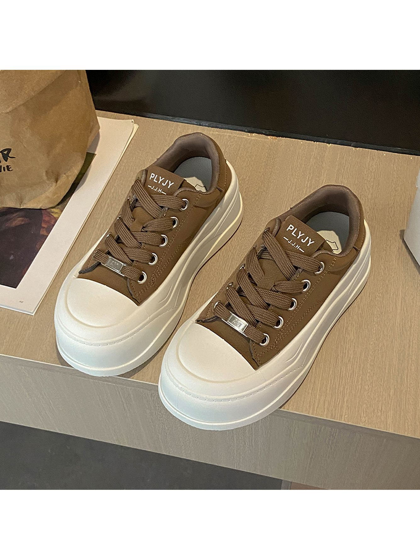 Brown PU Platform Casual Sneakers