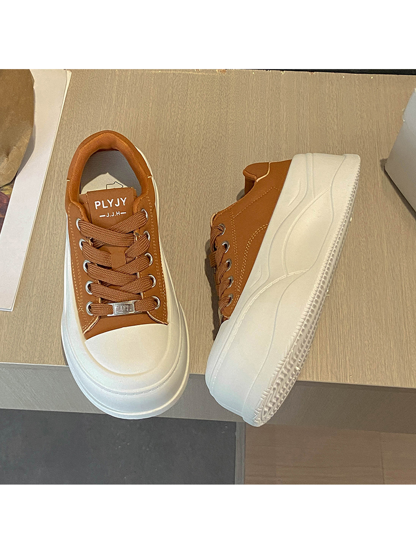 Tan Lace-Up Platform Sneakers