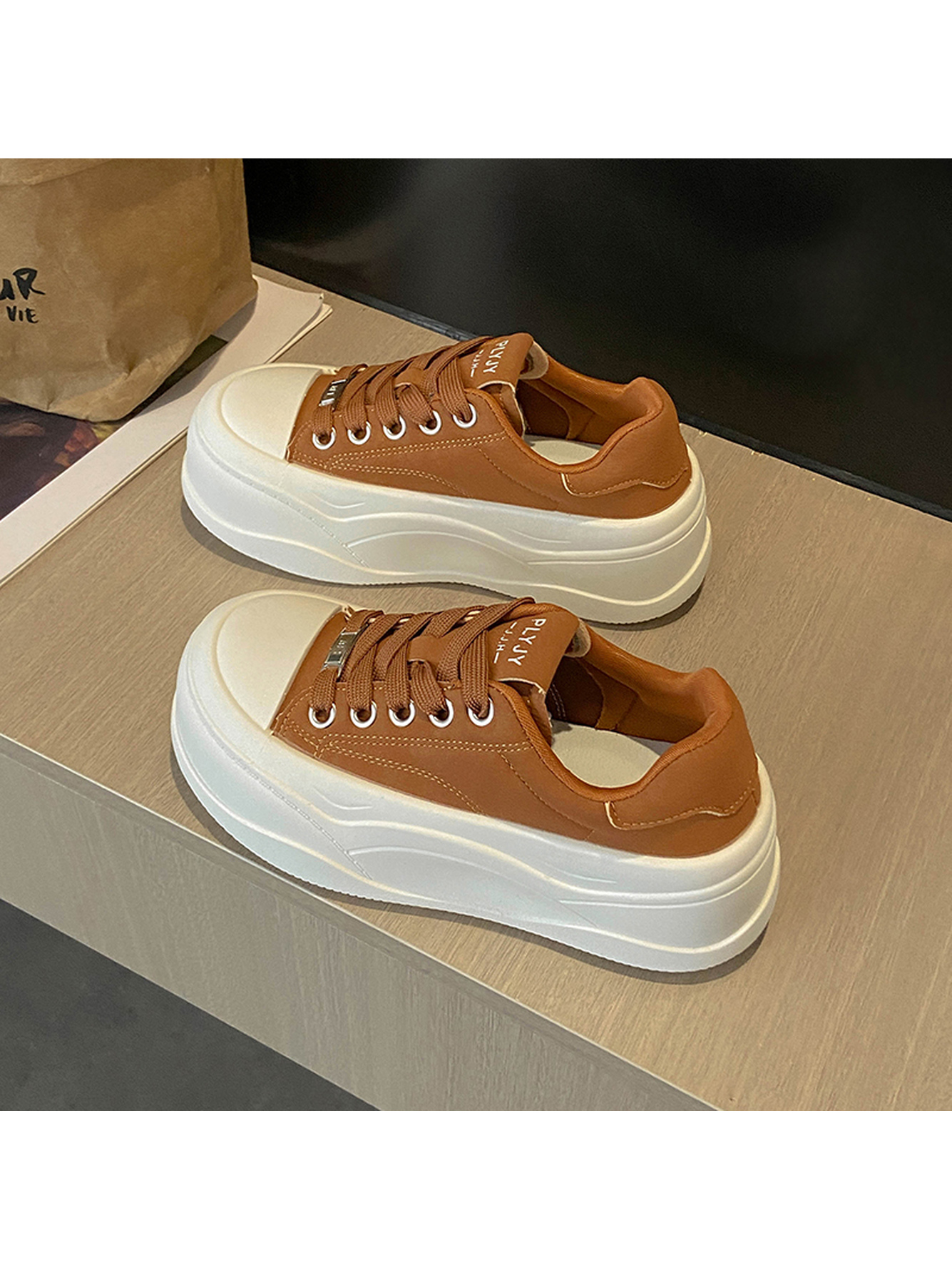 Tan Lace-Up Platform Sneakers