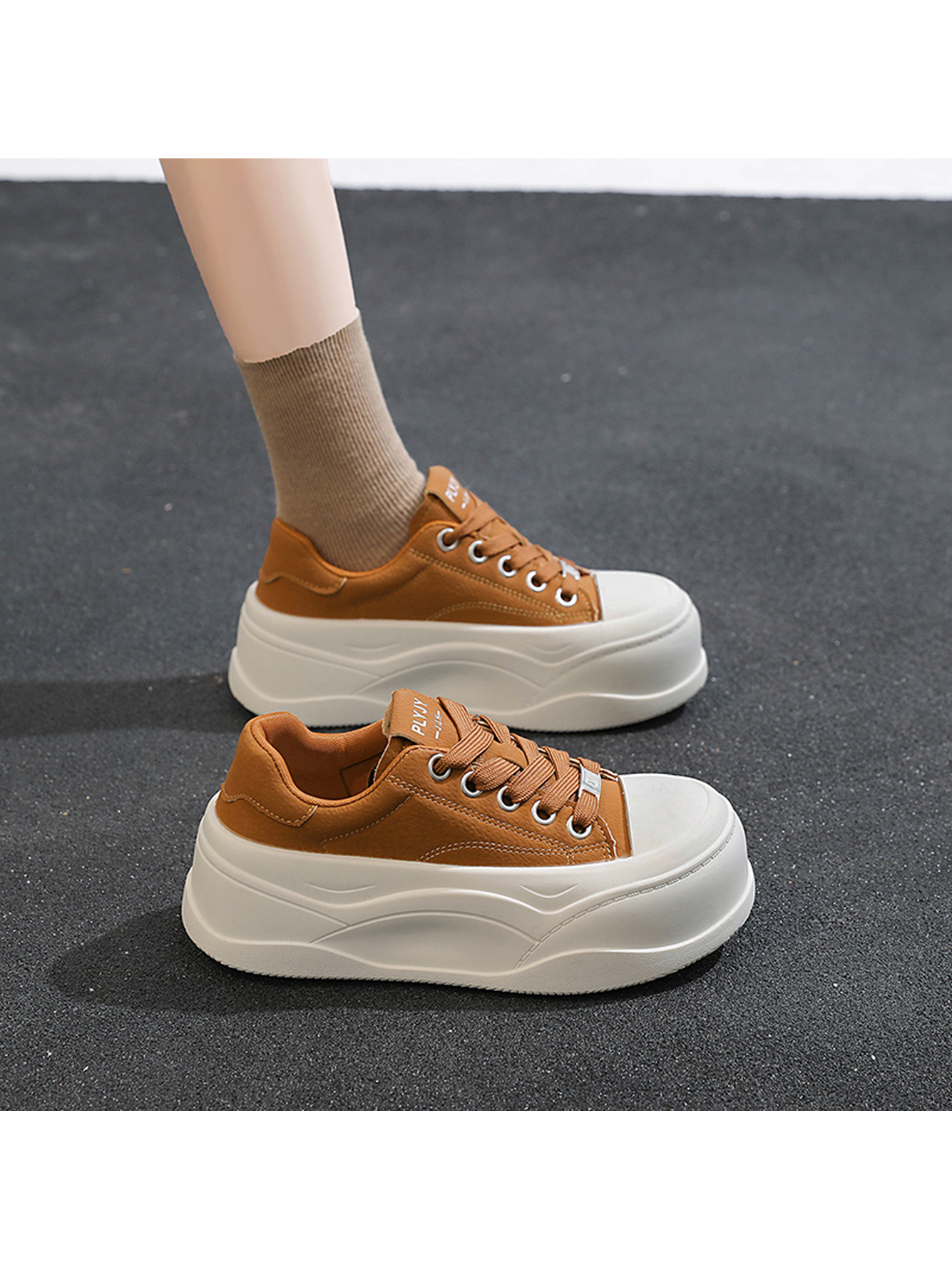 Tan Lace-Up Platform Sneakers